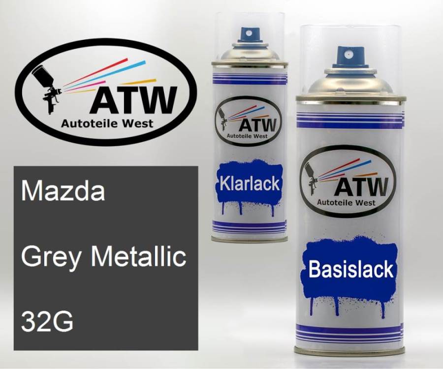Mazda, Grey Metallic, 32G: 400ml Sprühdose + 400ml Klarlack - Set, von ATW Autoteile West.
